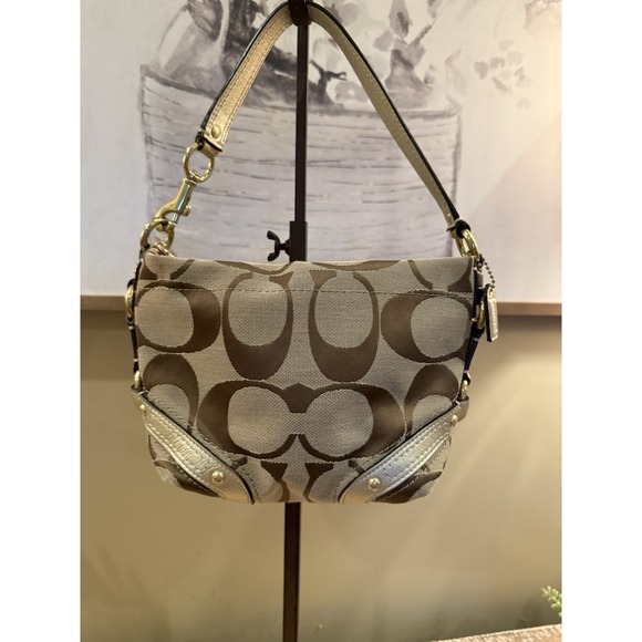Coach Mini Carly Hobo 42780 Khaki Signature Canvas Gold Leather Bag New Rare - Picture 1 of 15